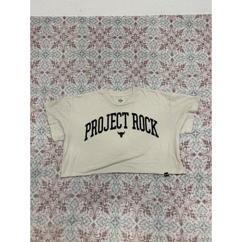 Under Armour Project Rock Graphic Cropped T-Shirt Tan Beige Womens Medium Loose
